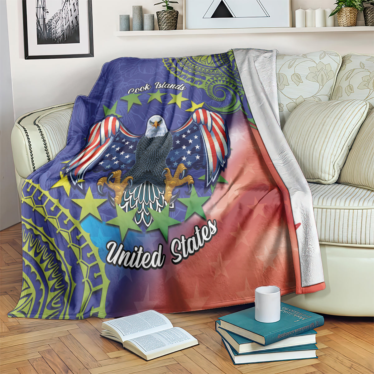 Personalised United States And Cook Islands Blanket USA Eagle Mix Polynesian Pattern
