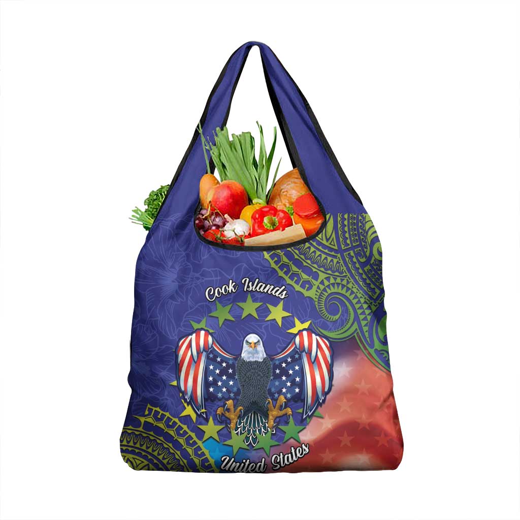 Personalised United States And Cook Islands Grocery Bag USA Eagle Mix Polynesian Pattern