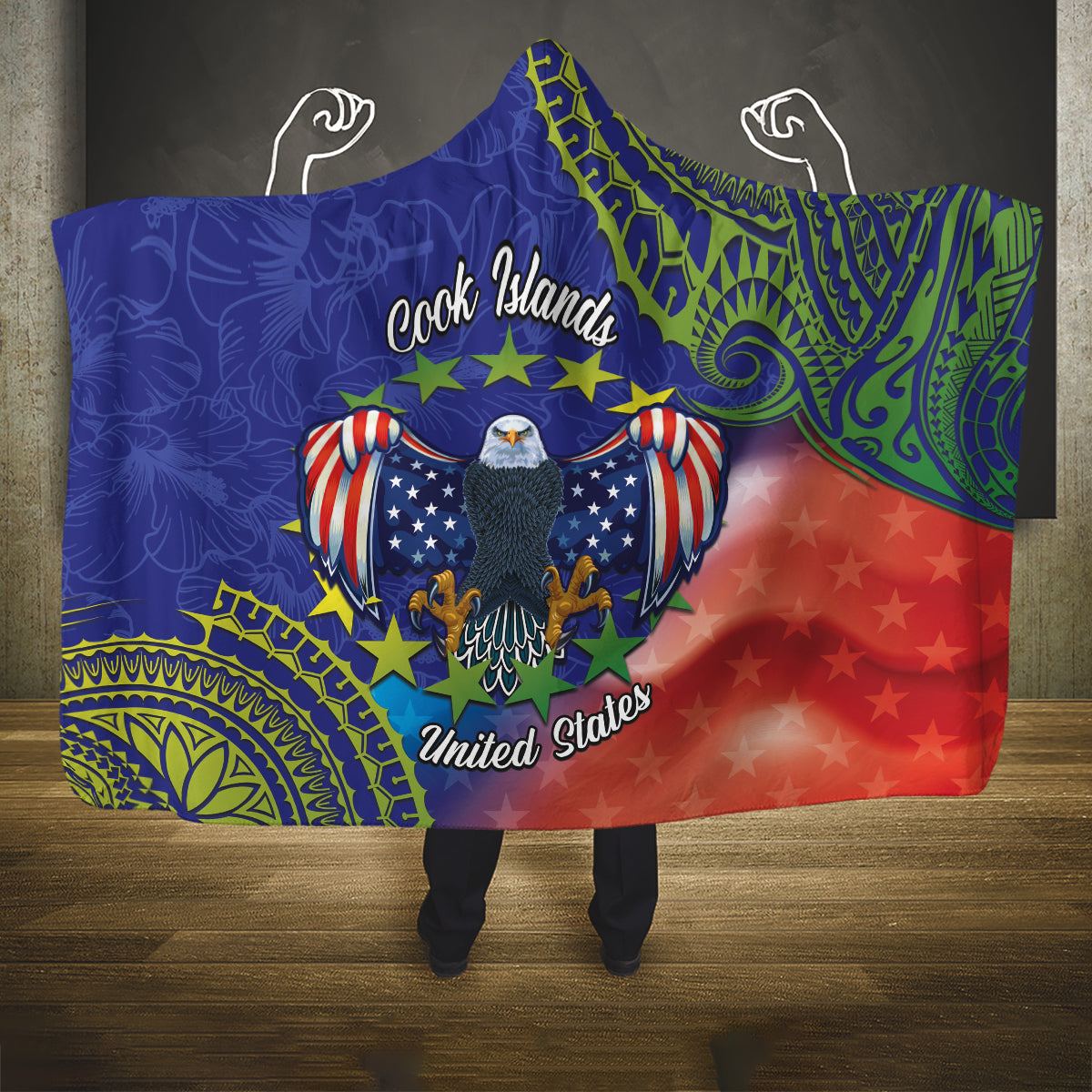 Personalised United States And Cook Islands Hooded Blanket USA Eagle Mix Polynesian Pattern