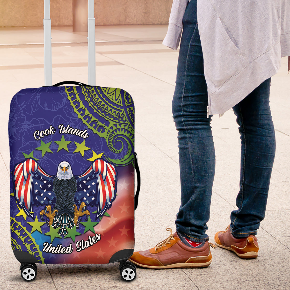 Personalised United States And Cook Islands Luggage Cover USA Eagle Mix Polynesian Pattern