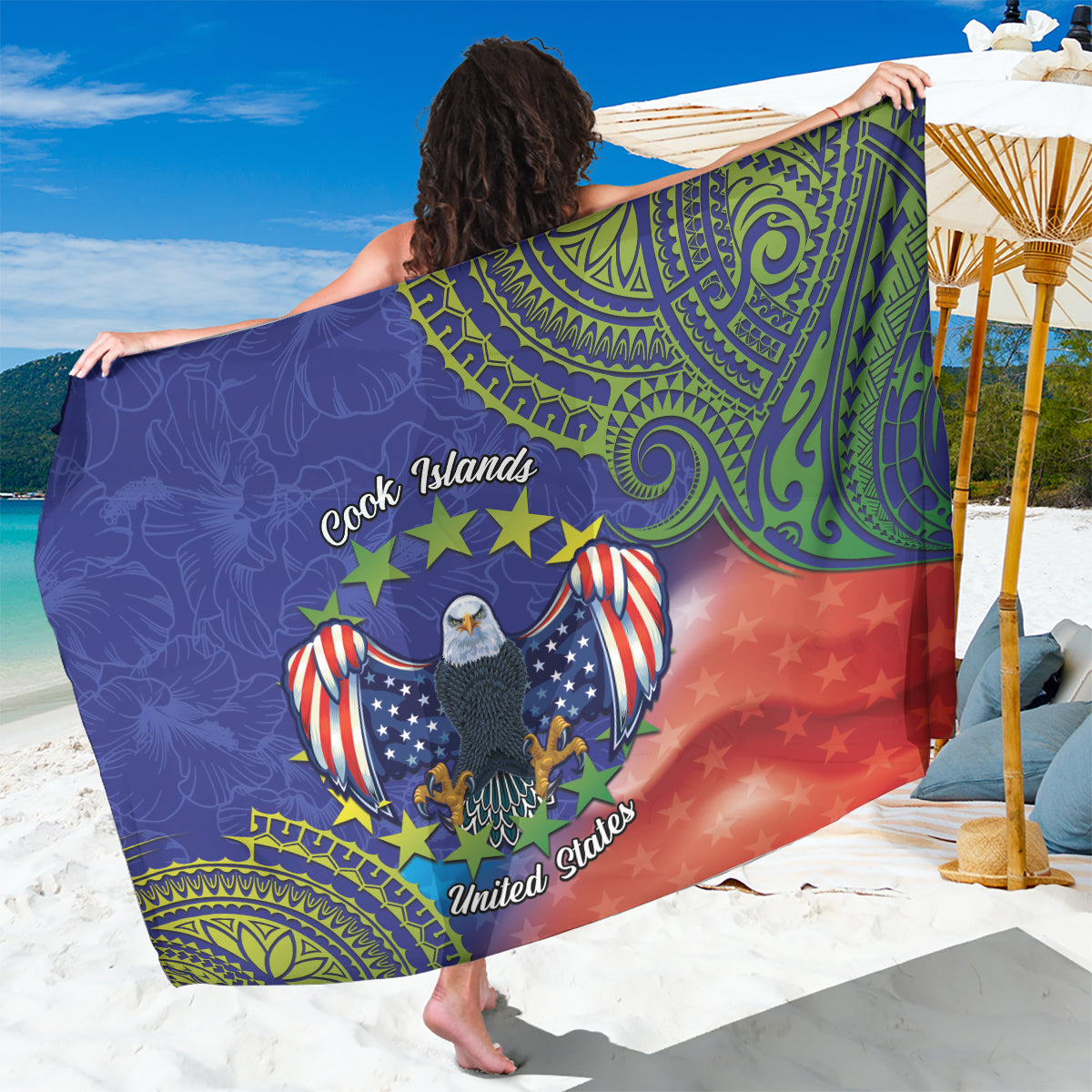 Personalised United States And Cook Islands Sarong USA Eagle Mix Polynesian Pattern