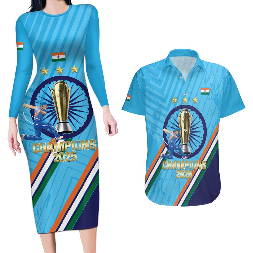 Personalised India Cricket Couples Matching Long Sleeve Bodycon Dress and Hawaiian Shirt 2025 Men In Blue 3rd Champions Proud