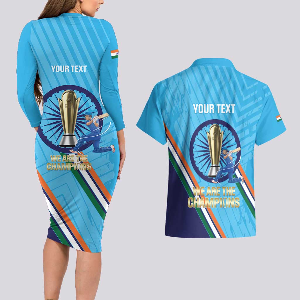 Personalised India Cricket Couples Matching Long Sleeve Bodycon Dress and Hawaiian Shirt 2025 Men In Blue 3rd Champions Proud