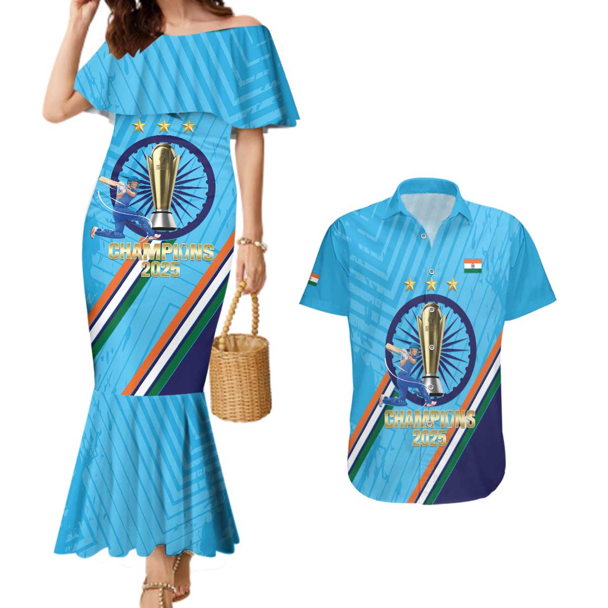 Personalised India Cricket Couples Matching Mermaid Dress and Hawaiian Shirt 2025 Men In Blue 3rd Champions Proud