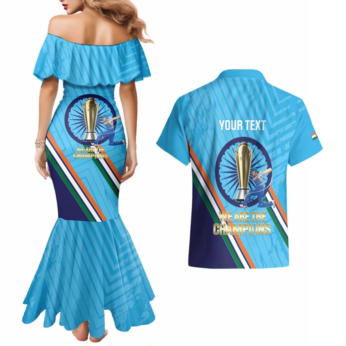 Personalised India Cricket Couples Matching Mermaid Dress and Hawaiian Shirt 2025 Men In Blue 3rd Champions Proud