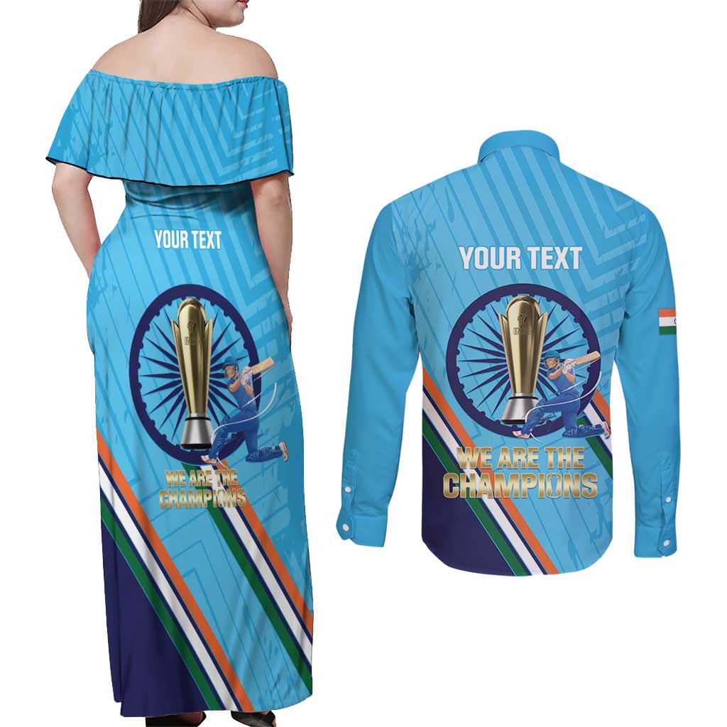Personalised India Cricket Couples Matching Off Shoulder Maxi Dress and Long Sleeve Button Shirt 2025 Men In Blue 3rd Champions Proud