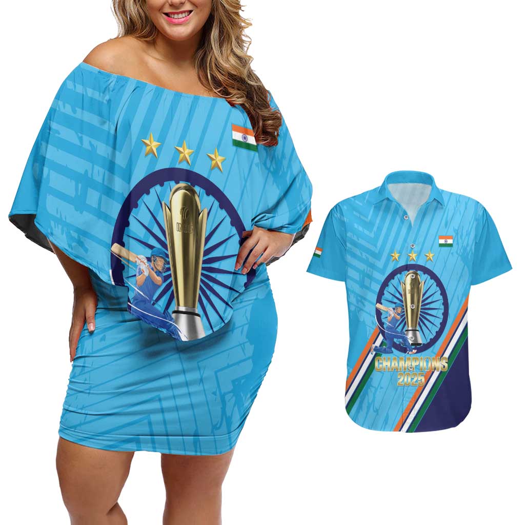 Personalised India Cricket Couples Matching Off Shoulder Short Dress and Hawaiian Shirt 2025 Men In Blue 3rd Champions Proud