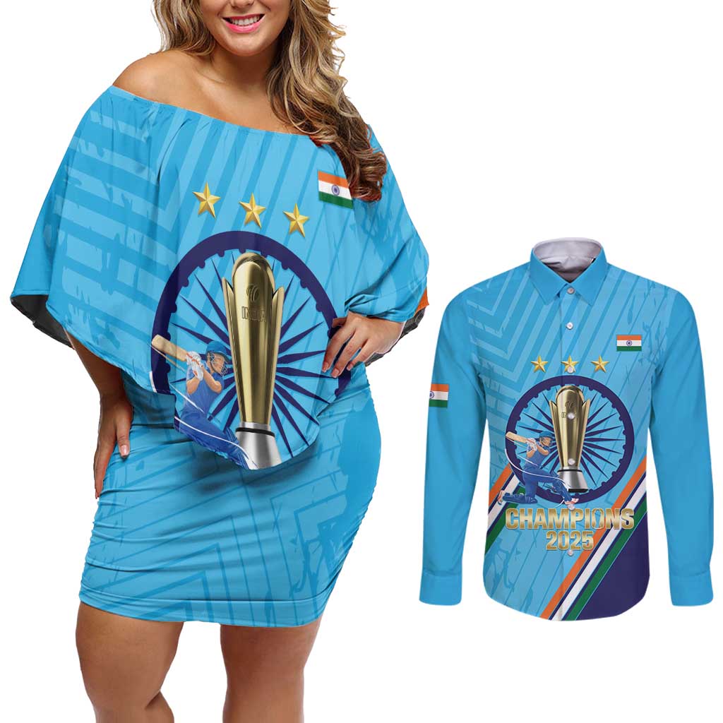 Personalised India Cricket Couples Matching Off Shoulder Short Dress and Long Sleeve Button Shirt 2025 Men In Blue 3rd Champions Proud