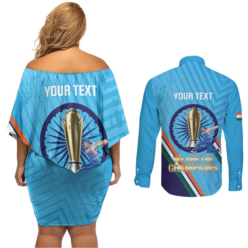Personalised India Cricket Couples Matching Off Shoulder Short Dress and Long Sleeve Button Shirt 2025 Men In Blue 3rd Champions Proud