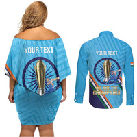 Personalised India Cricket Couples Matching Off Shoulder Short Dress and Long Sleeve Button Shirt 2025 Men In Blue 3rd Champions Proud