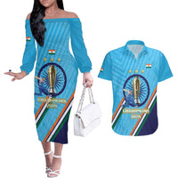 Personalised India Cricket Couples Matching Off The Shoulder Long Sleeve Dress and Hawaiian Shirt 2025 Men In Blue 3rd Champions Proud
