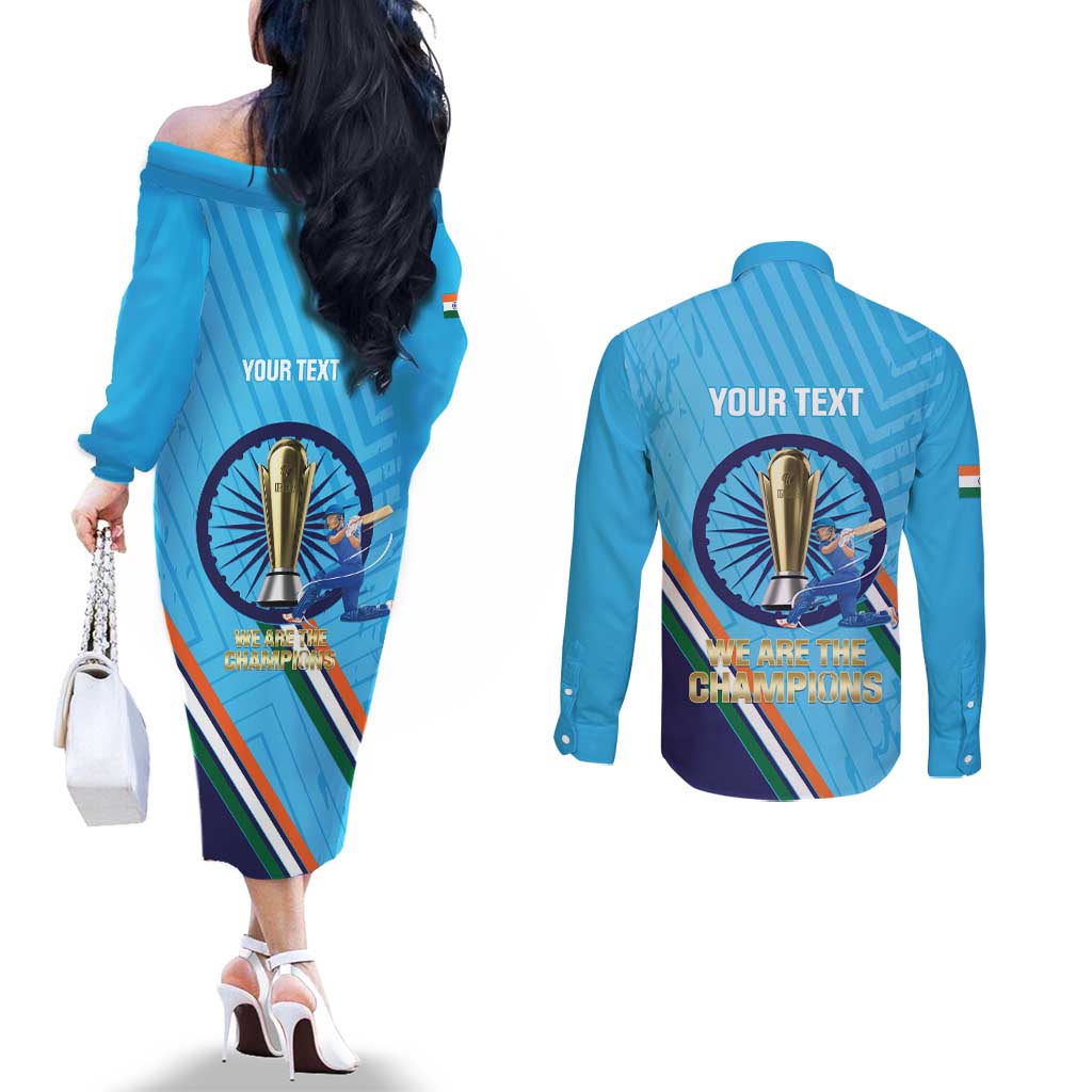 Personalised India Cricket Couples Matching Off The Shoulder Long Sleeve Dress and Long Sleeve Button Shirt 2025 Men In Blue 3rd Champions Proud