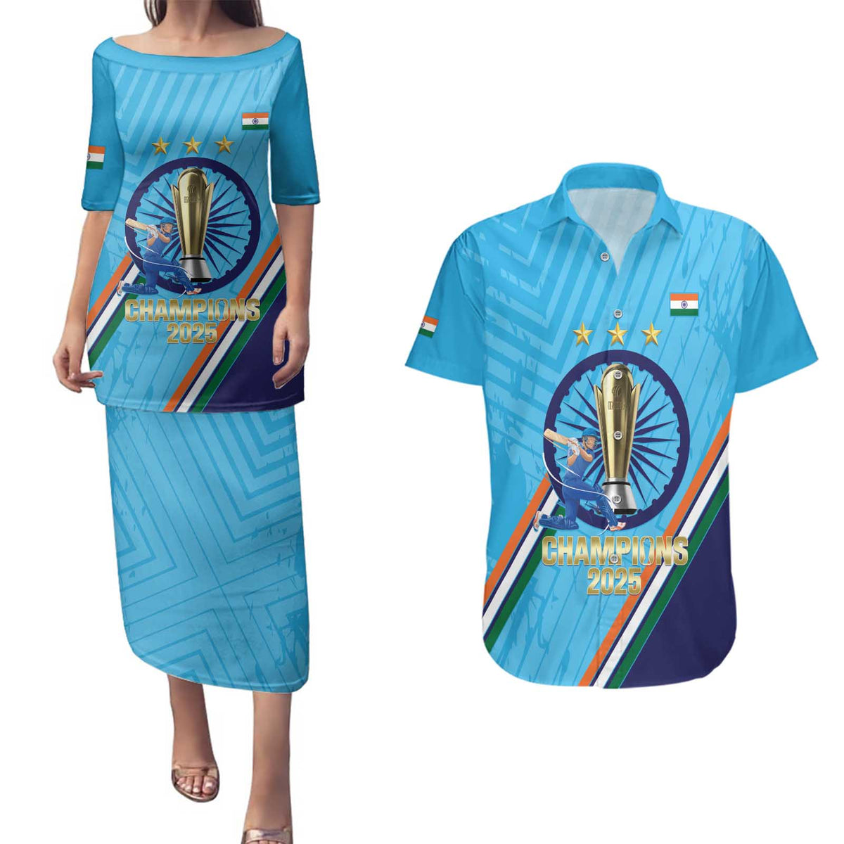 Personalised India Cricket Couples Matching Puletasi and Hawaiian Shirt 2025 Men In Blue 3rd Champions Proud