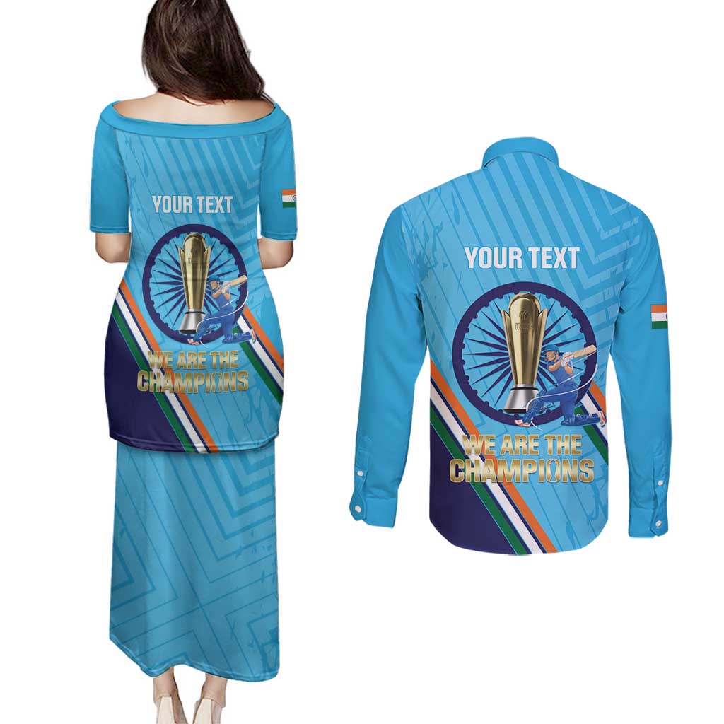 Personalised India Cricket Couples Matching Puletasi and Long Sleeve Button Shirt 2025 Men In Blue 3rd Champions Proud
