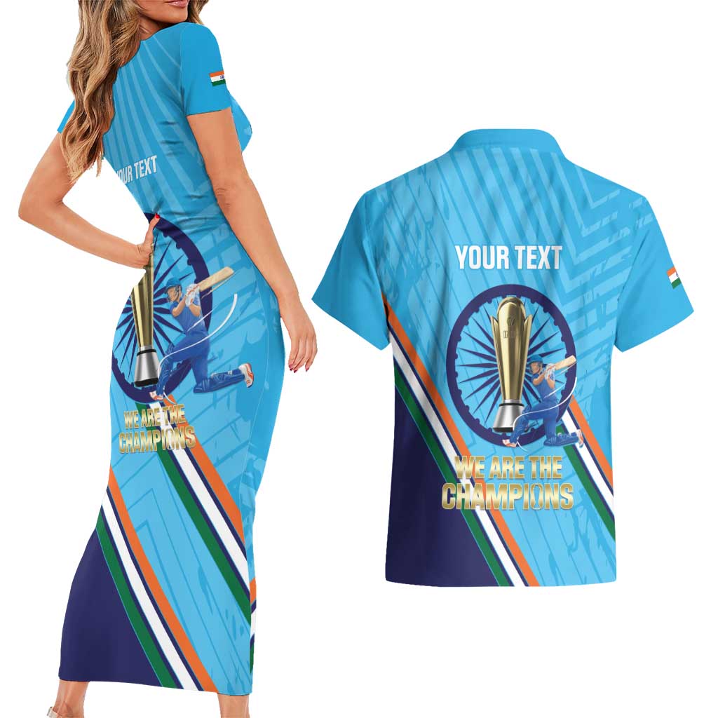 Personalised India Cricket Couples Matching Short Sleeve Bodycon Dress and Hawaiian Shirt 2025 Men In Blue 3rd Champions Proud