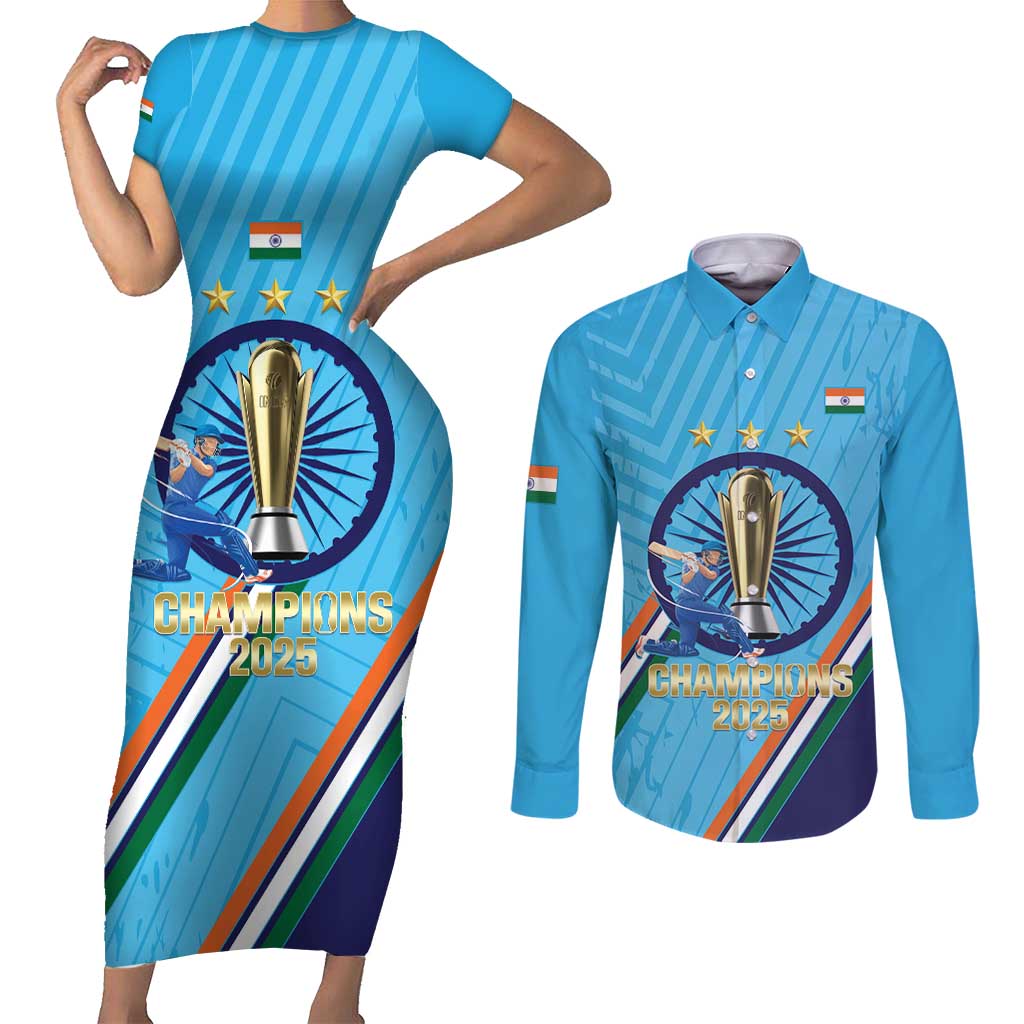 Personalised India Cricket Couples Matching Short Sleeve Bodycon Dress and Long Sleeve Button Shirt 2025 Men In Blue 3rd Champions Proud