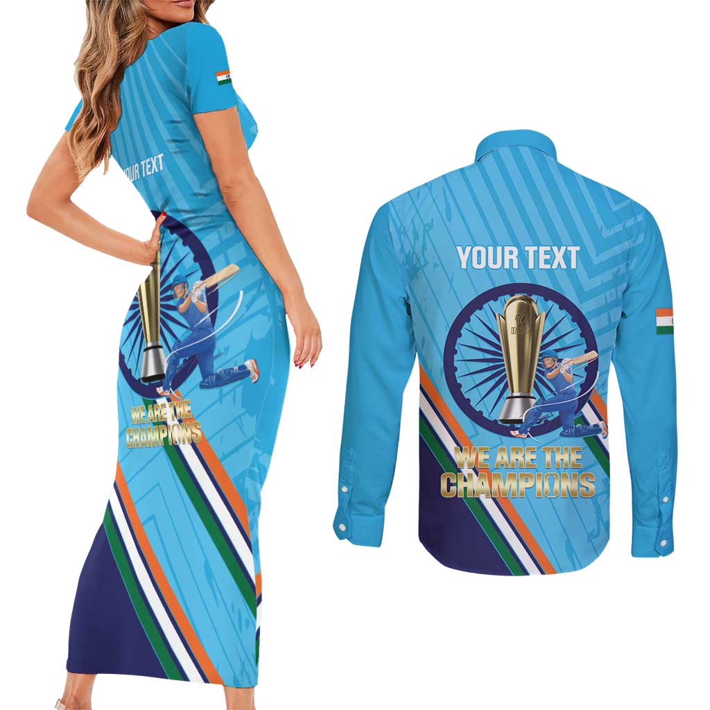 Personalised India Cricket Couples Matching Short Sleeve Bodycon Dress and Long Sleeve Button Shirt 2025 Men In Blue 3rd Champions Proud