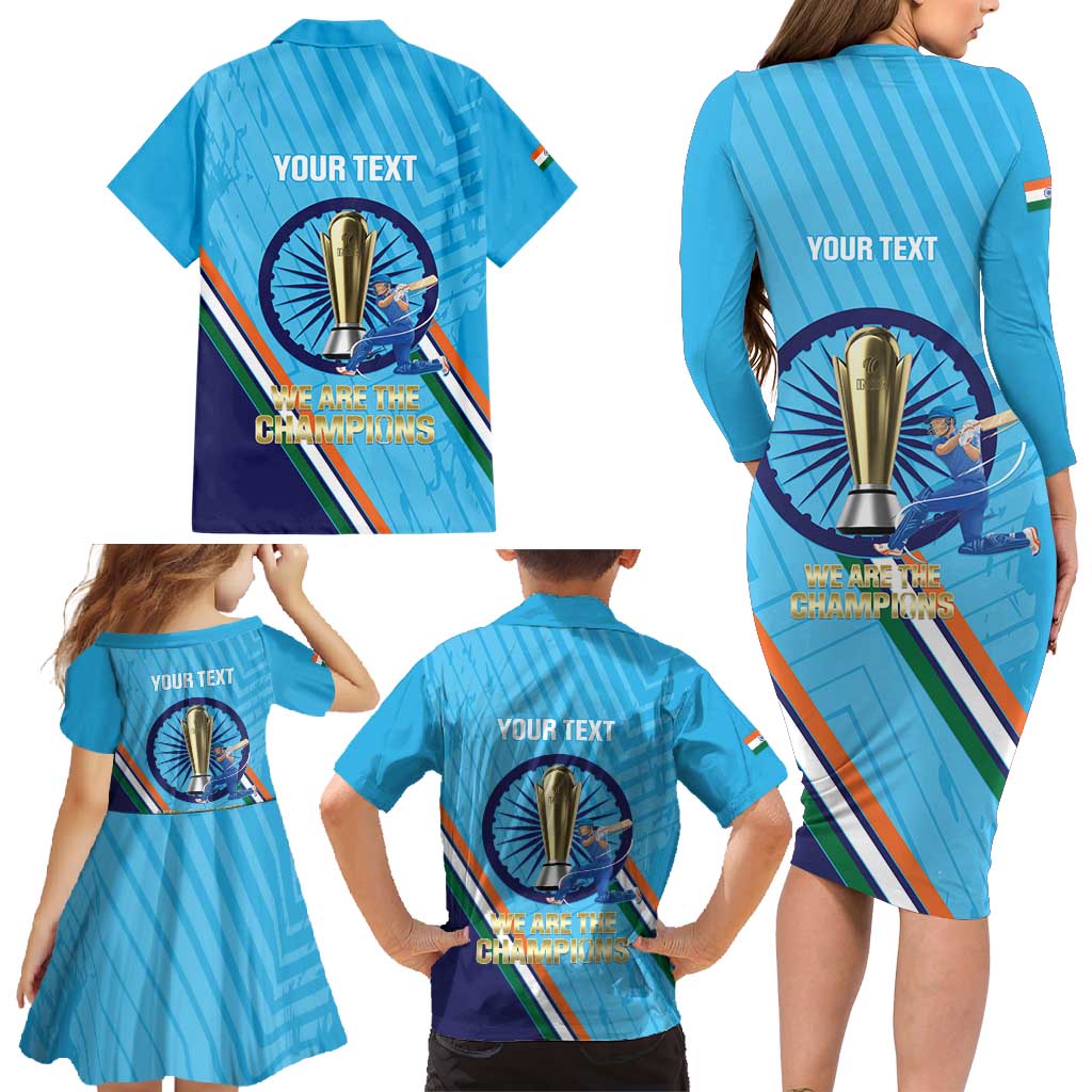 Personalised India Cricket Family Matching Long Sleeve Bodycon Dress and Hawaiian Shirt 2025 Men In Blue 3rd Champions Proud