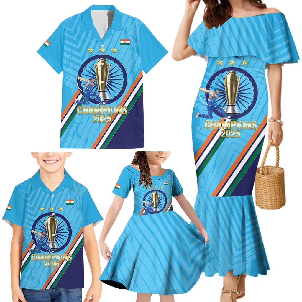 Personalised India Cricket Family Matching Mermaid Dress and Hawaiian Shirt 2025 Men In Blue 3rd Champions Proud