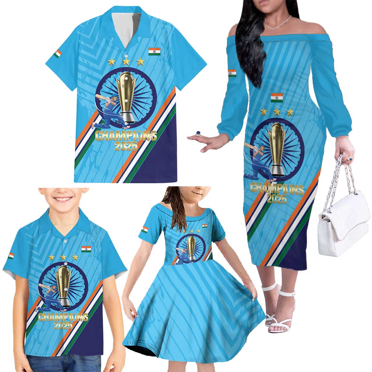 Personalised India Cricket Family Matching Off The Shoulder Long Sleeve Dress and Hawaiian Shirt 2025 Men In Blue 3rd Champions Proud
