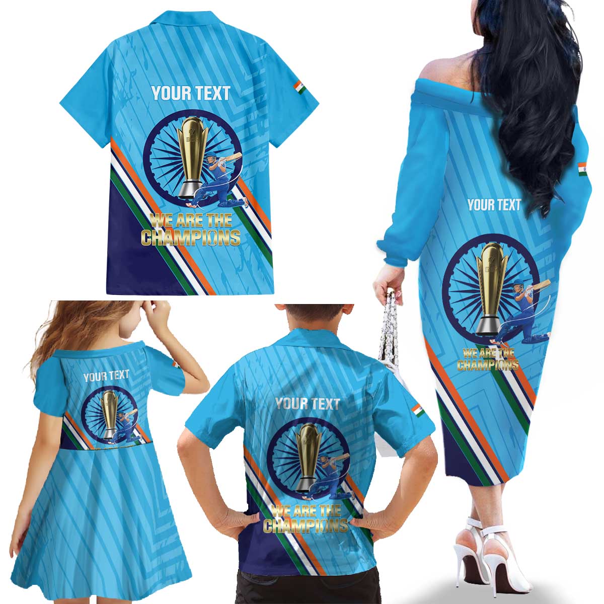 Personalised India Cricket Family Matching Off The Shoulder Long Sleeve Dress and Hawaiian Shirt 2025 Men In Blue 3rd Champions Proud