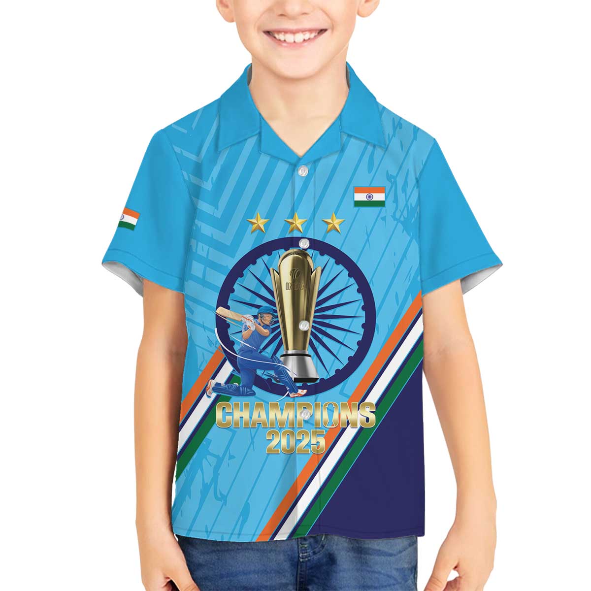 Personalised India Cricket Family Matching Off The Shoulder Long Sleeve Dress and Hawaiian Shirt 2025 Men In Blue 3rd Champions Proud