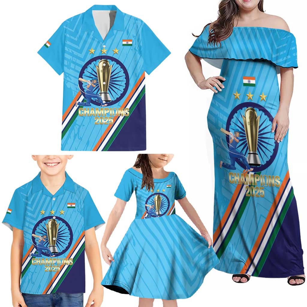 Personalised India Cricket Family Matching Off Shoulder Maxi Dress and Hawaiian Shirt 2025 Men In Blue 3rd Champions Proud