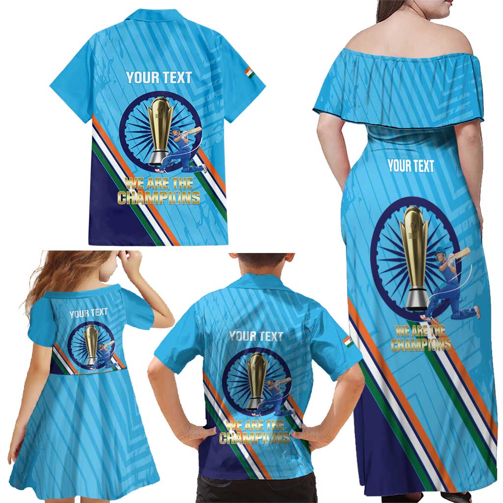Personalised India Cricket Family Matching Off Shoulder Maxi Dress and Hawaiian Shirt 2025 Men In Blue 3rd Champions Proud
