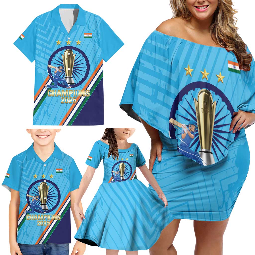 Personalised India Cricket Family Matching Off Shoulder Short Dress and Hawaiian Shirt 2025 Men In Blue 3rd Champions Proud