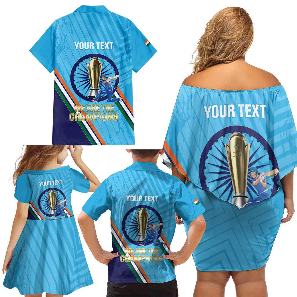 Personalised India Cricket Family Matching Off Shoulder Short Dress and Hawaiian Shirt 2025 Men In Blue 3rd Champions Proud