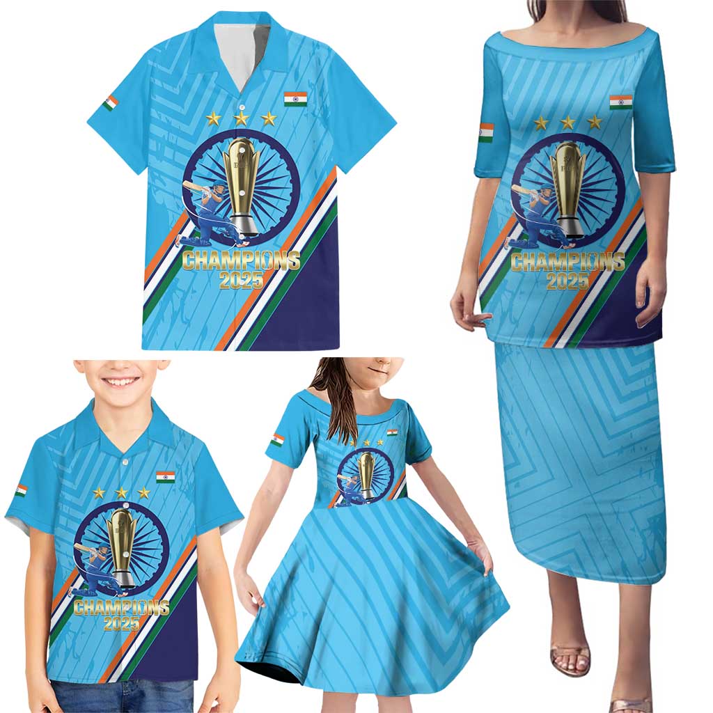 Personalised India Cricket Family Matching Puletasi and Hawaiian Shirt 2025 Men In Blue 3rd Champions Proud