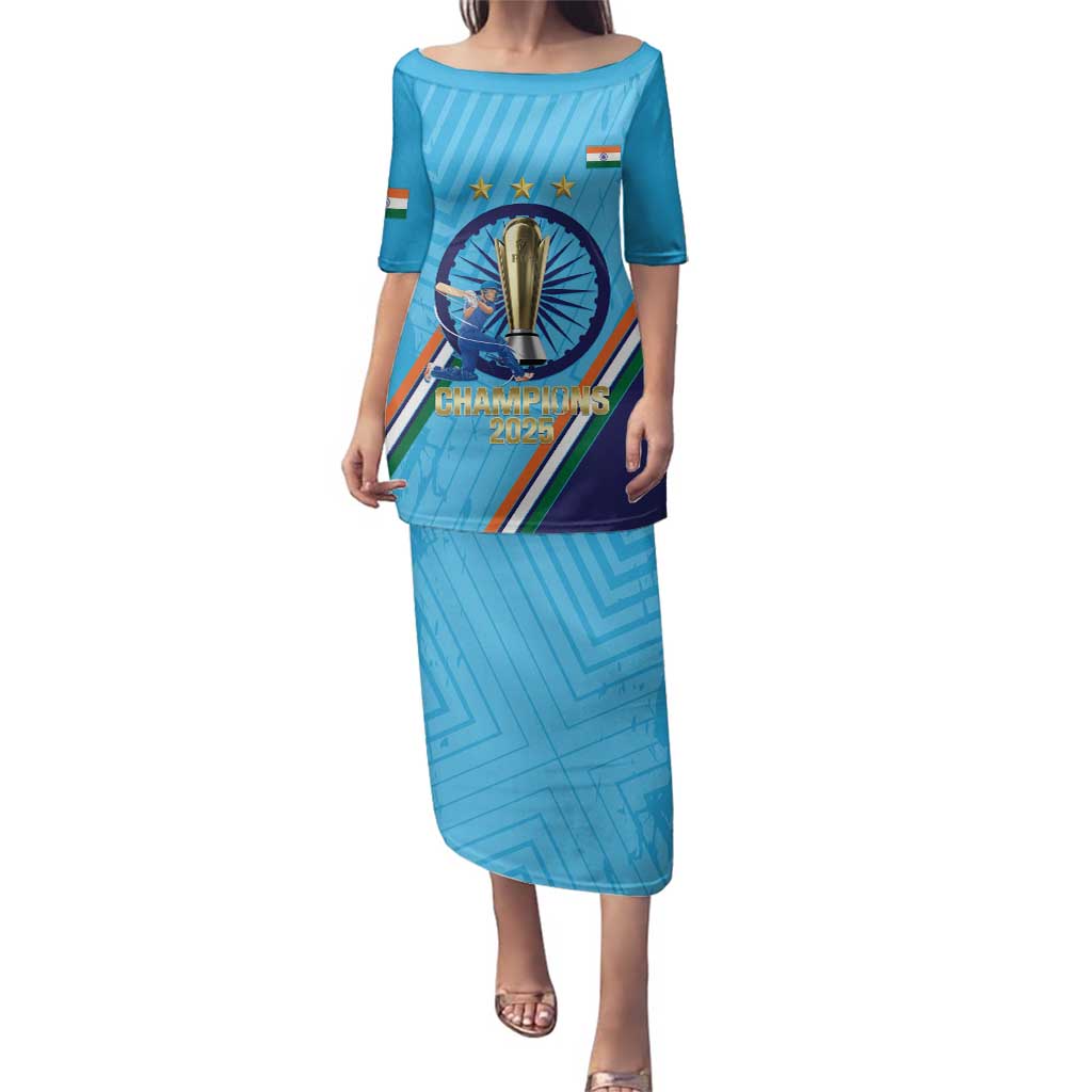 Personalised India Cricket Family Matching Puletasi and Hawaiian Shirt 2025 Men In Blue 3rd Champions Proud