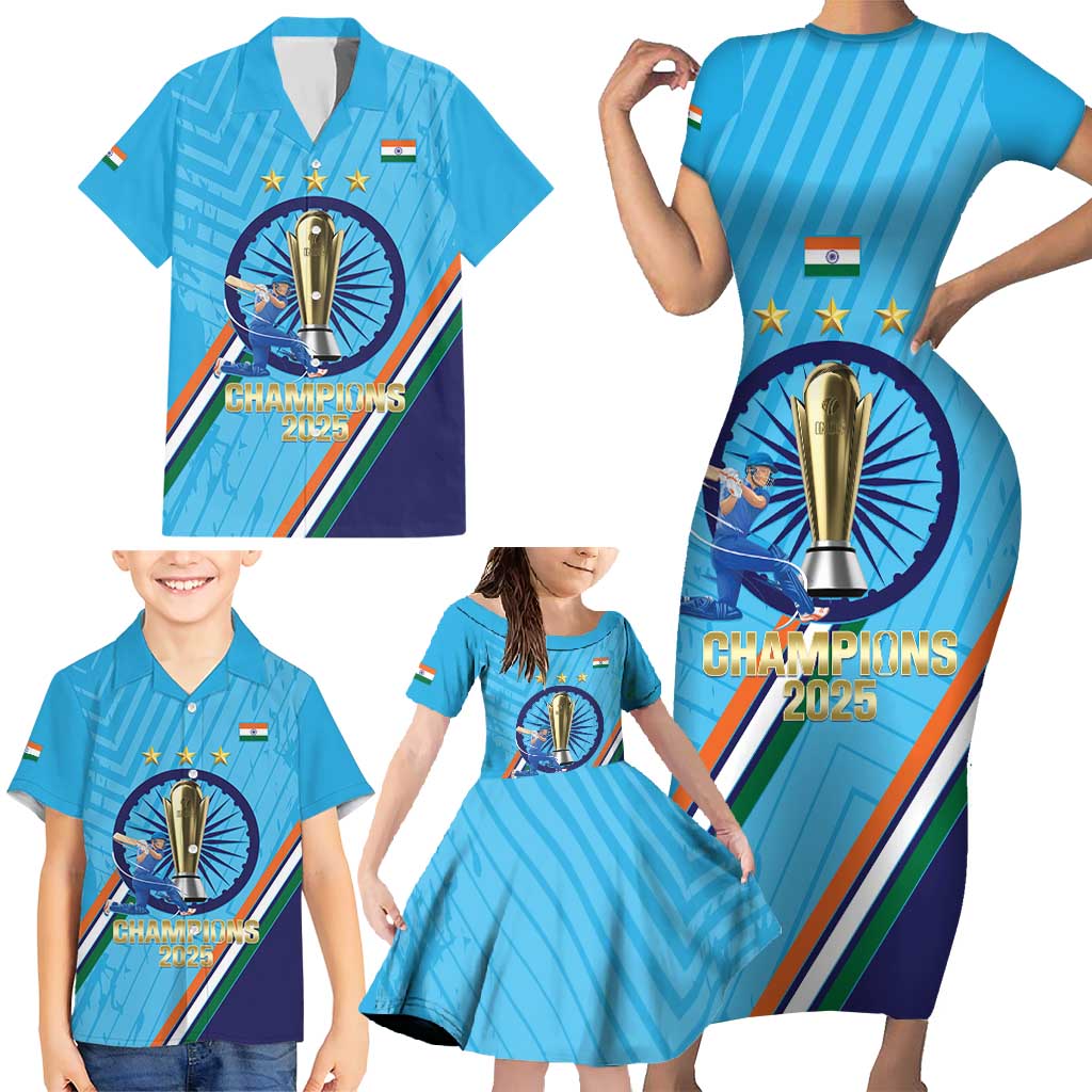 Personalised India Cricket Family Matching Short Sleeve Bodycon Dress and Hawaiian Shirt 2025 Men In Blue 3rd Champions Proud