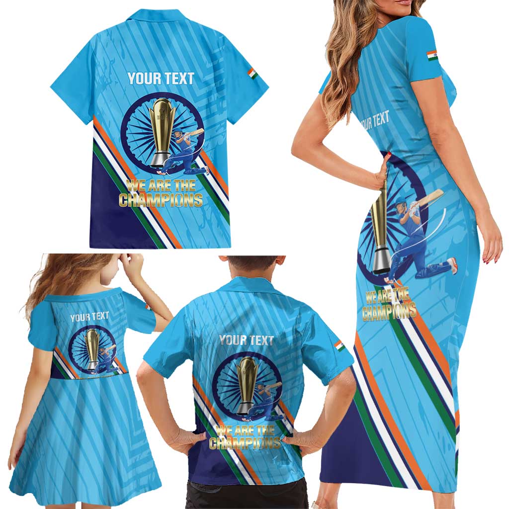 Personalised India Cricket Family Matching Short Sleeve Bodycon Dress and Hawaiian Shirt 2025 Men In Blue 3rd Champions Proud