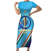 Personalised India Cricket Family Matching Short Sleeve Bodycon Dress and Hawaiian Shirt 2025 Men In Blue 3rd Champions Proud