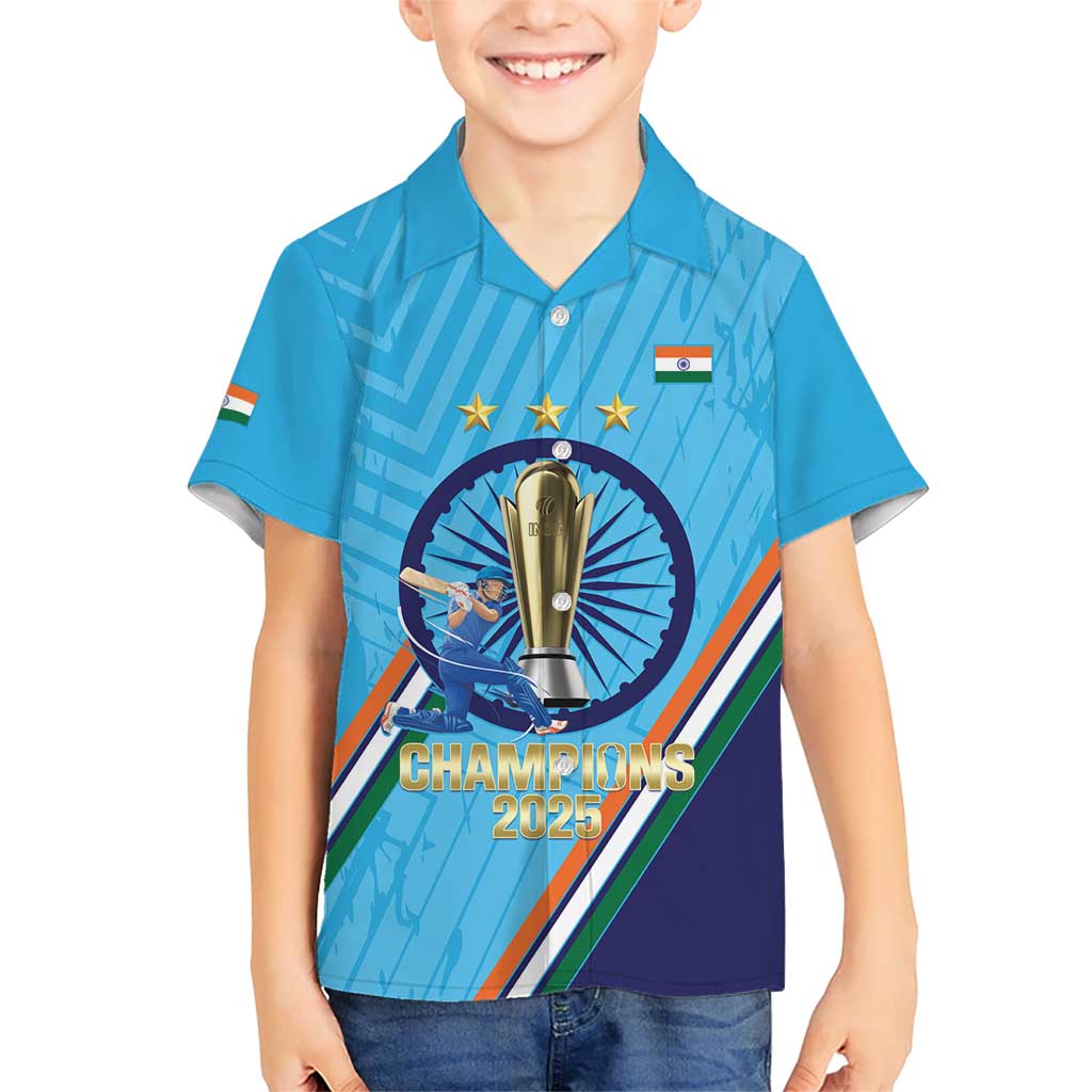 Personalised India Cricket Kid Hawaiian Shirt 2025 Men In Blue 3rd Champions Proud