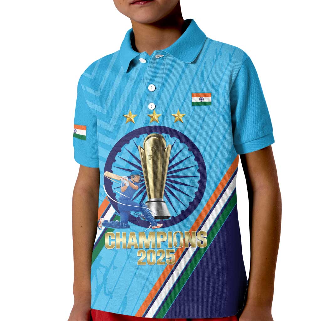 Personalised India Cricket Kid Polo Shirt 2025 Men In Blue 3rd Champions Proud