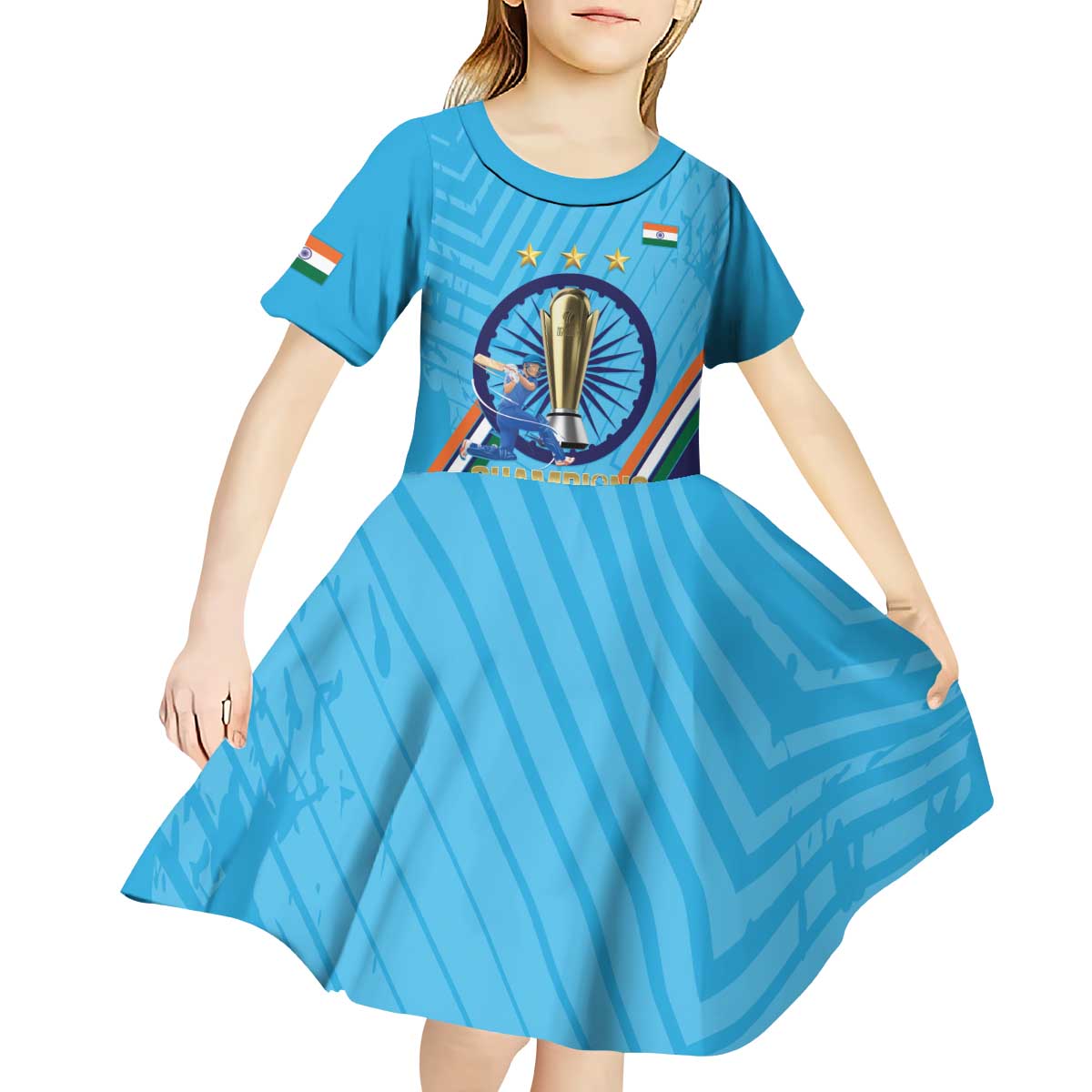 Personalised India Cricket Kid Short Sleeve Dress 2025 Men In Blue 3rd Champions Proud