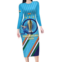 Personalised India Cricket Long Sleeve Bodycon Dress 2025 Men In Blue 3rd Champions Proud