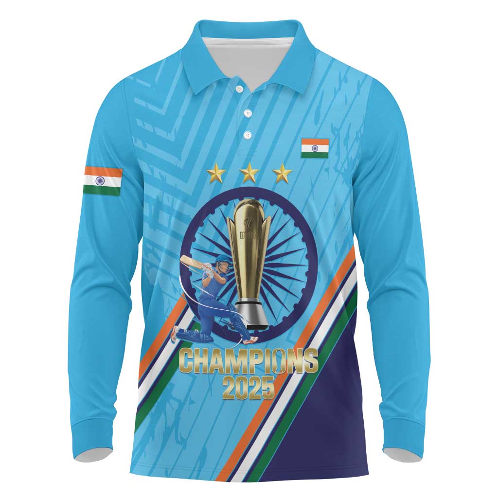 Personalised India Cricket Long Sleeve Polo Shirt 2025 Men In Blue 3rd Champions Proud