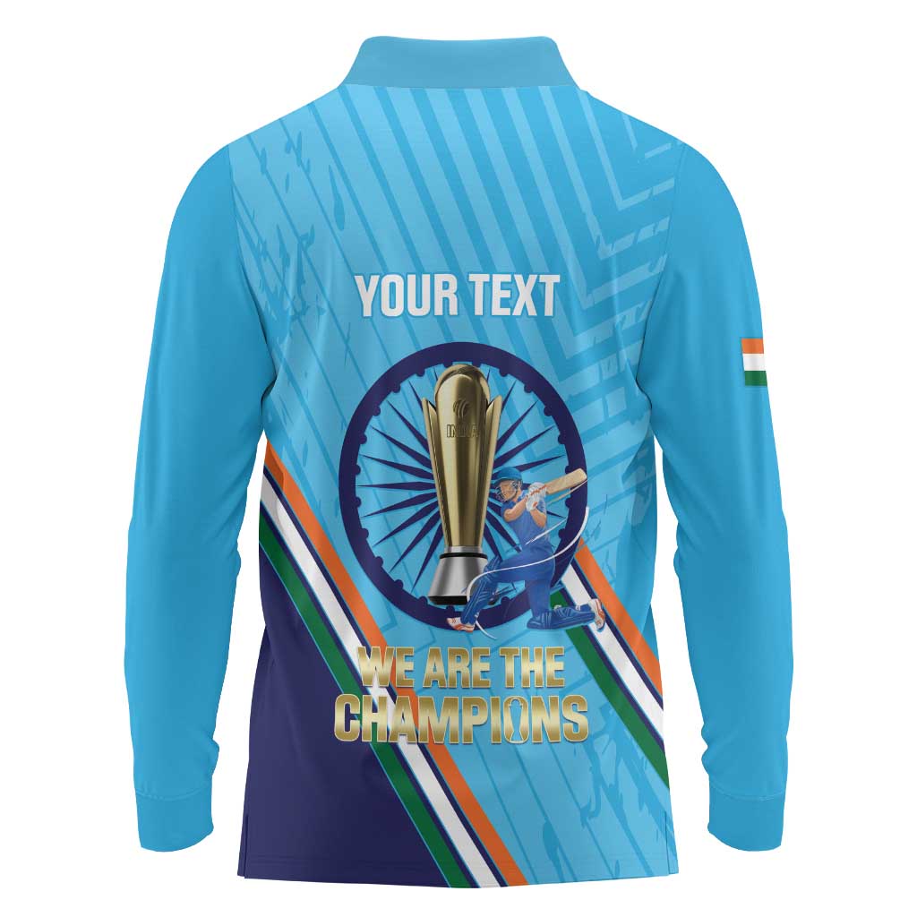 Personalised India Cricket Long Sleeve Polo Shirt 2025 Men In Blue 3rd Champions Proud