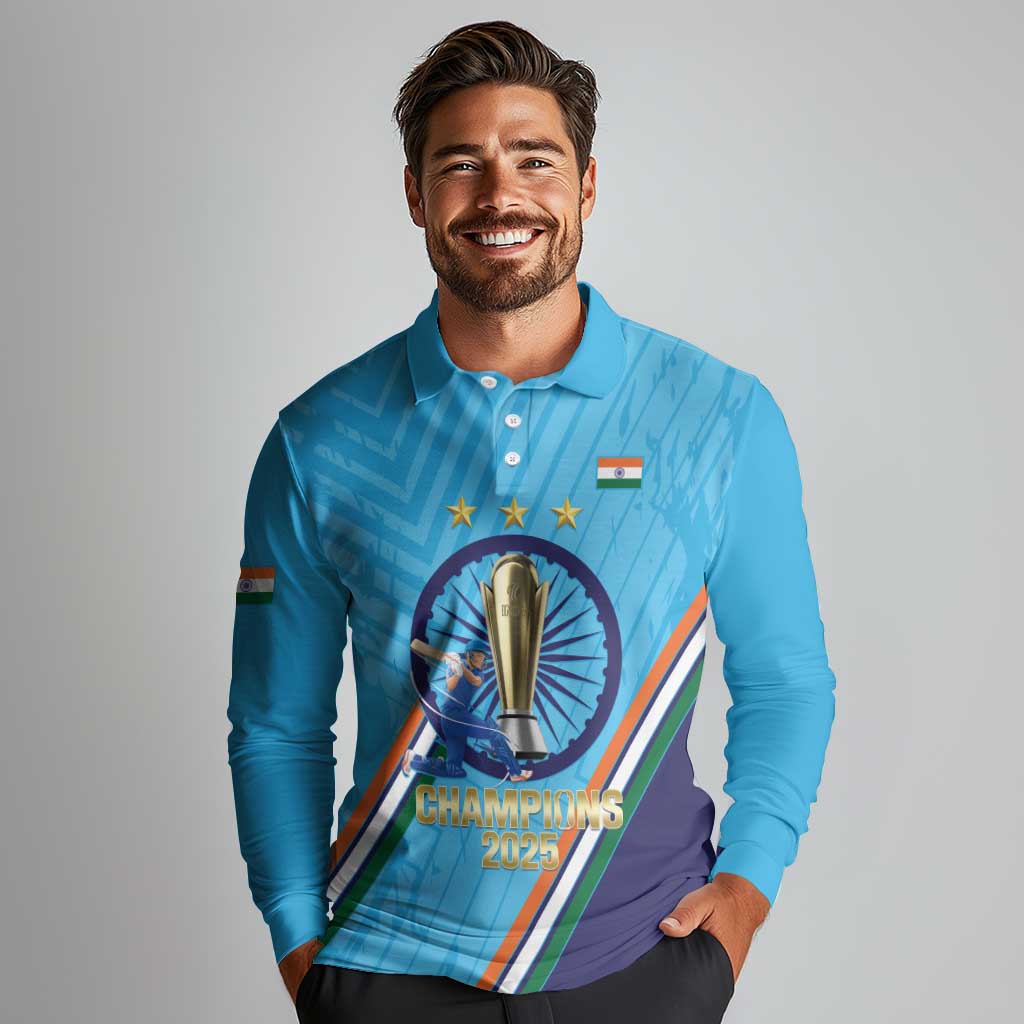Personalised India Cricket Long Sleeve Polo Shirt 2025 Men In Blue 3rd Champions Proud