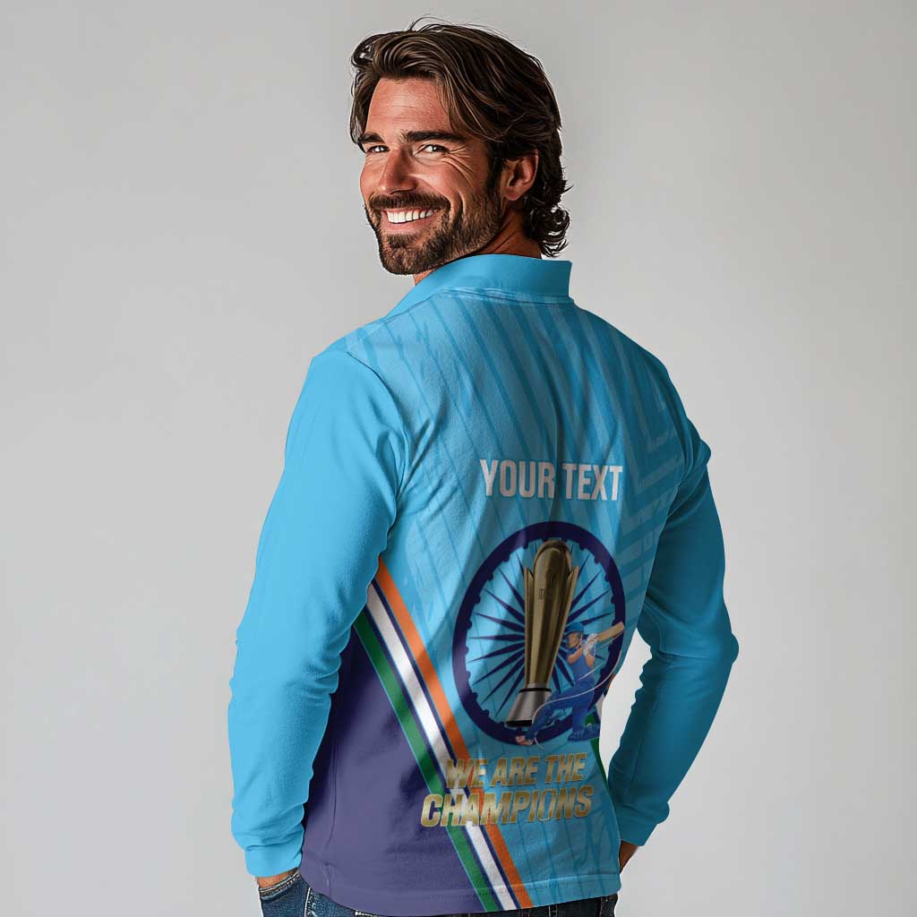 Personalised India Cricket Long Sleeve Polo Shirt 2025 Men In Blue 3rd Champions Proud
