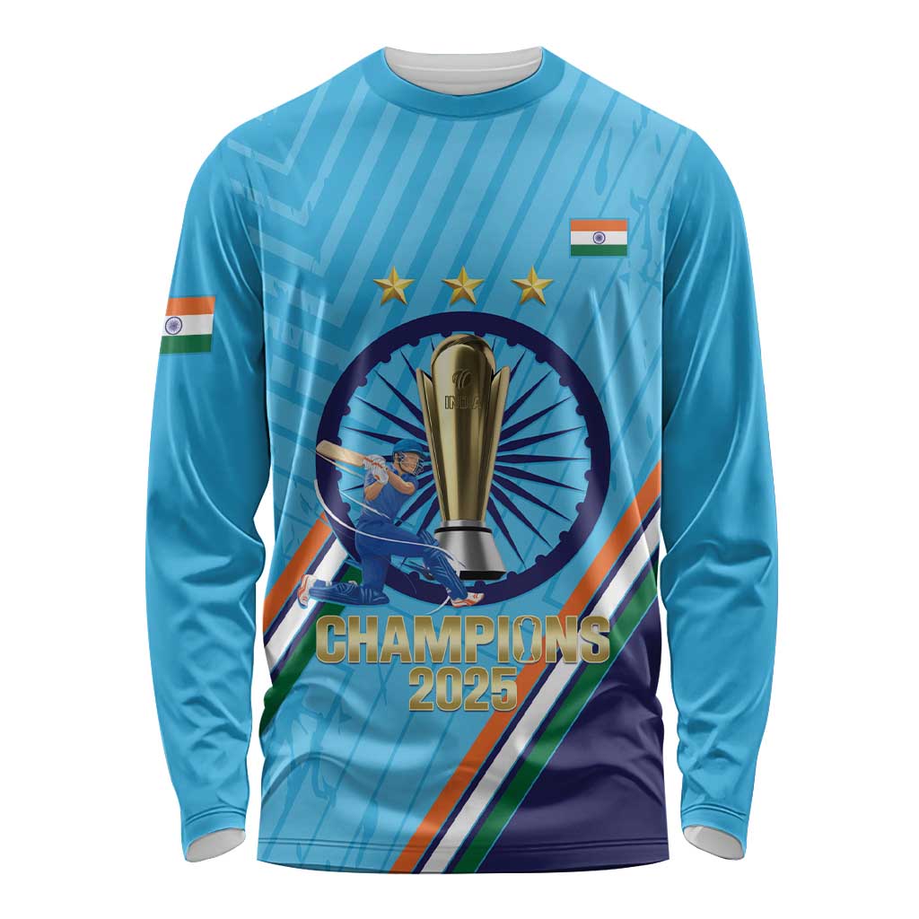 Personalised India Cricket Long Sleeve Shirt 2025 Men In Blue 3rd Champions Proud