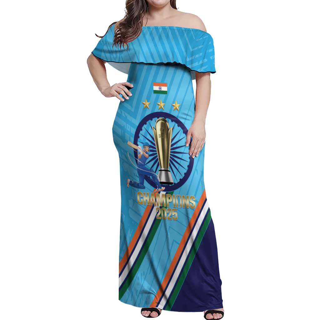 Personalised India Cricket Off Shoulder Maxi Dress 2025 Men In Blue 3rd Champions Proud