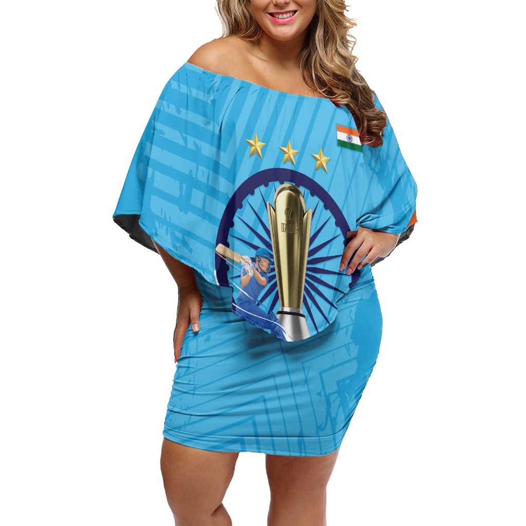 Personalised India Cricket Off Shoulder Short Dress 2025 Men In Blue 3rd Champions Proud