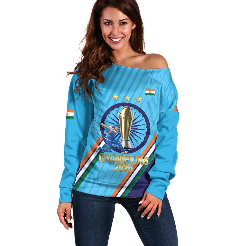 Personalised India Cricket Off Shoulder Sweater 2025 Men In Blue 3rd Champions Proud