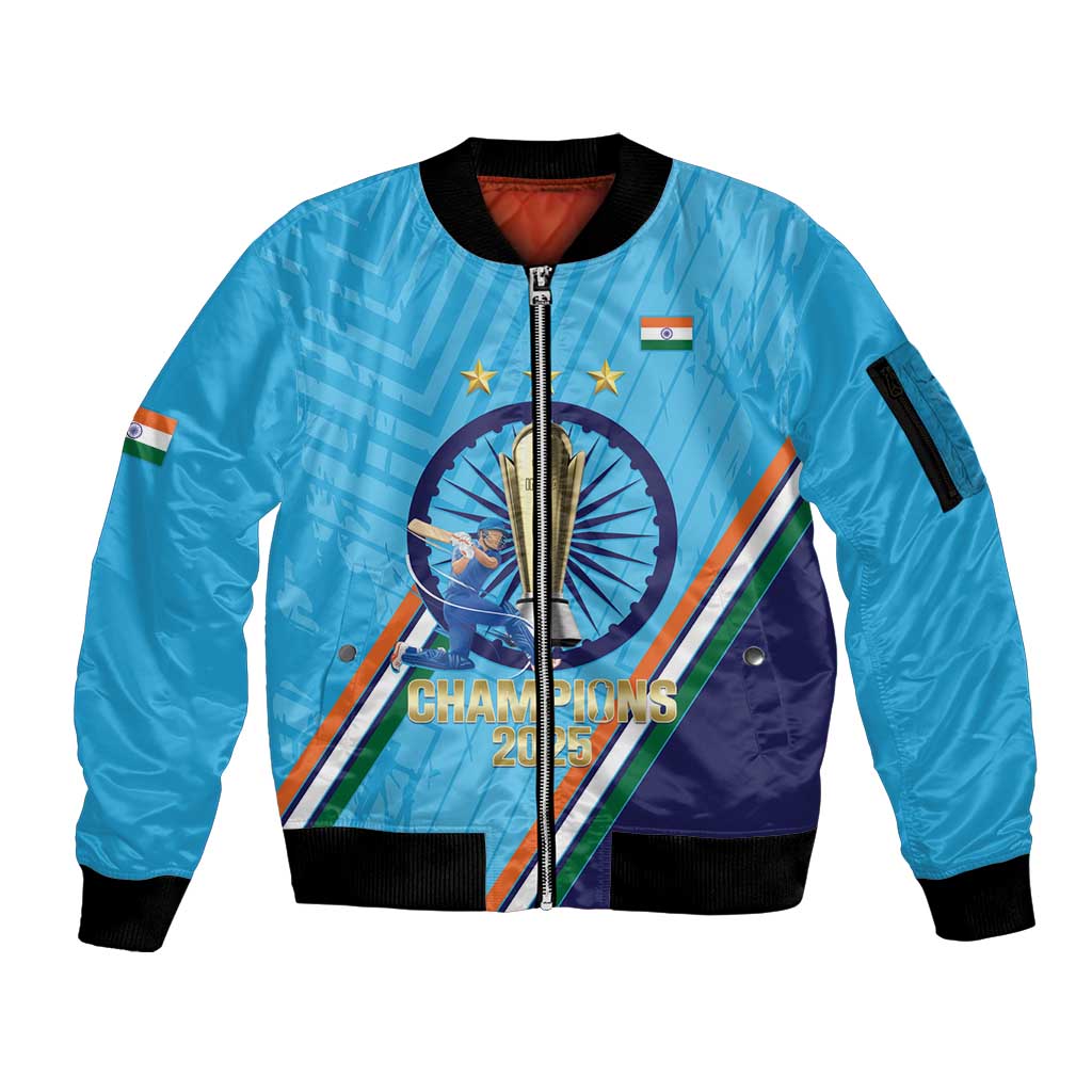 Personalised India Cricket Sleeve Zip Bomber Jacket 2025 Men In Blue 3rd Champions Proud