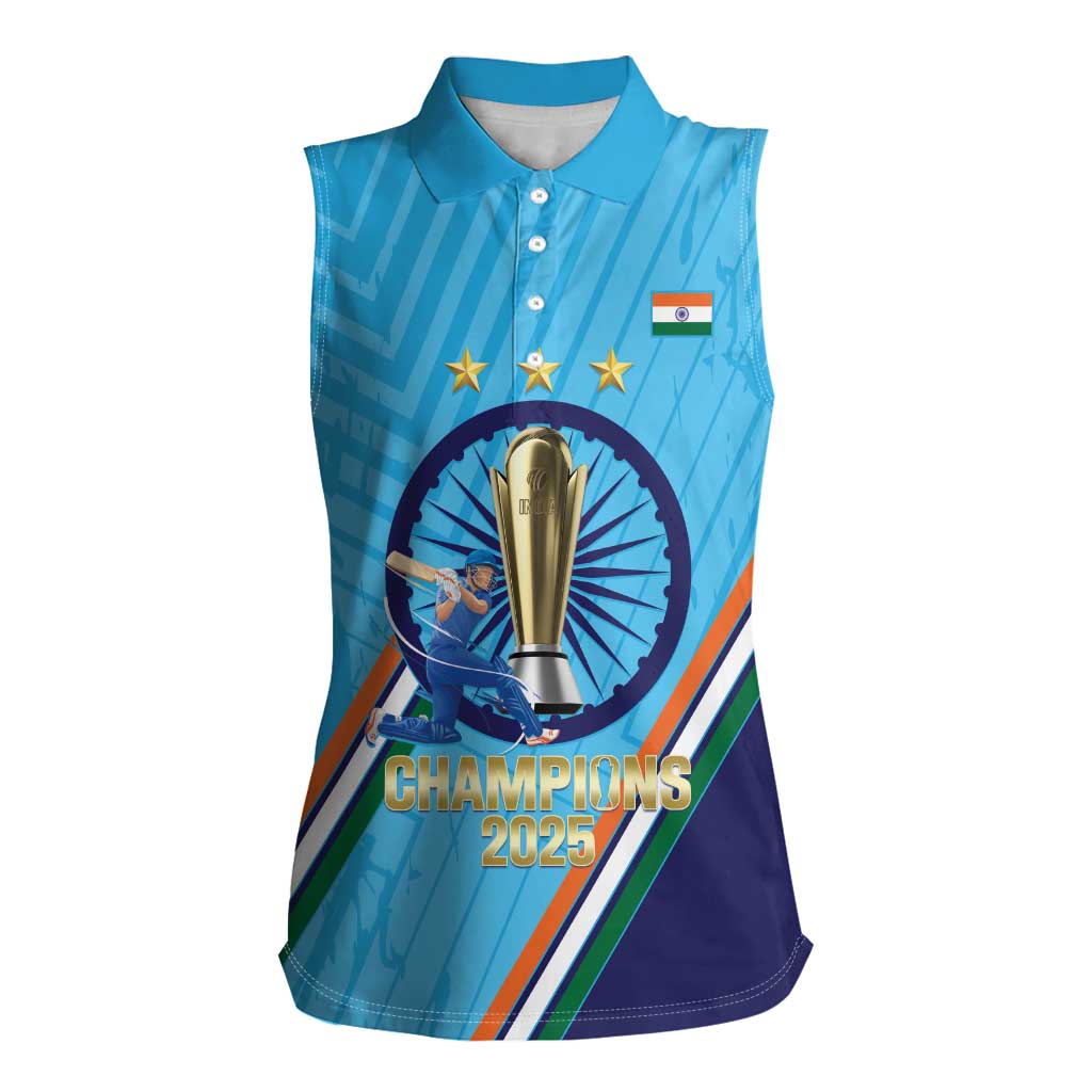 Personalised India Cricket Women Sleeveless Polo Shirt 2025 Men In Blue 3rd Champions Proud