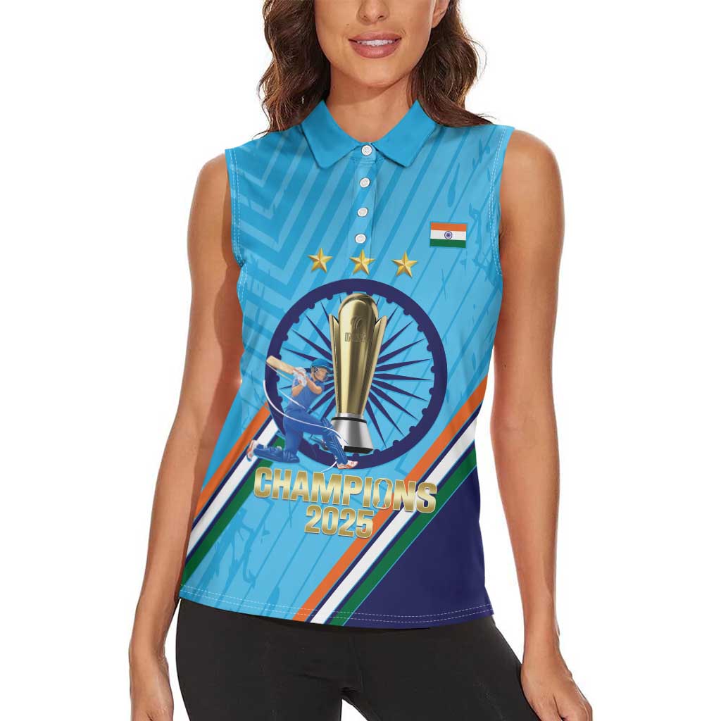 Personalised India Cricket Women Sleeveless Polo Shirt 2025 Men In Blue 3rd Champions Proud